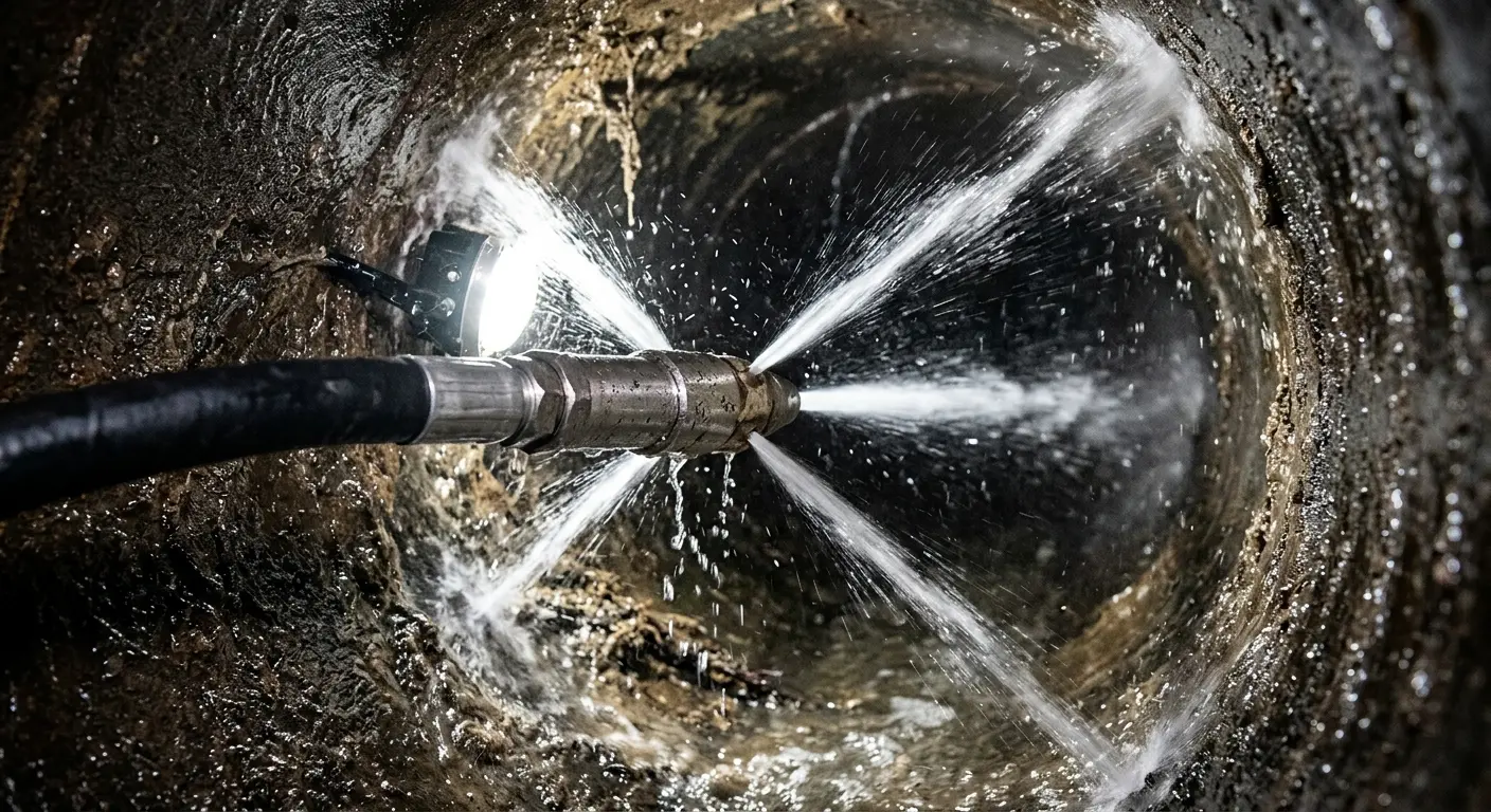 High-pressure hydro jetting nozzle cleaning sewer pipe for Emergency Drain Service in Woolwich