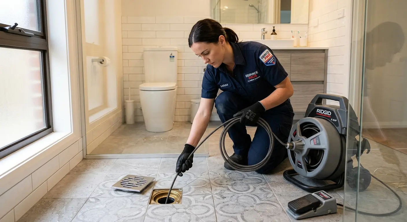 Technician clearing a bathroom floor drain for Sewer Line Installation in Woolwich